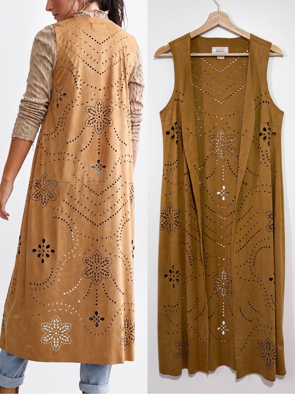 Ariat Magdelena Faux Suede Duster Long Vest Laser Cutout Floral Size Small